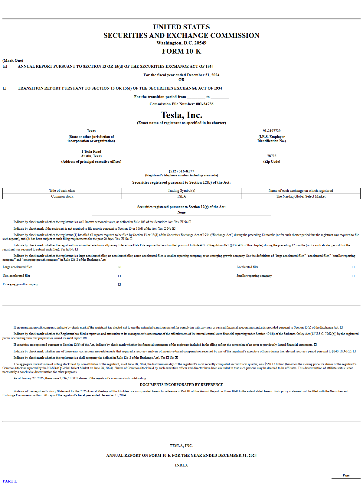 Pagina real del formulario 10-K 2024 de Tesla, Inc. presentado ante la SEC